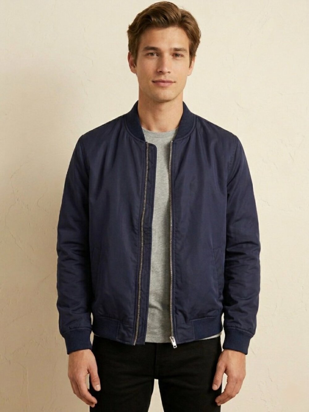 Forever 21 Men Bomber Jacket Quilted Lined Zip Up Navy Blue Size Medium